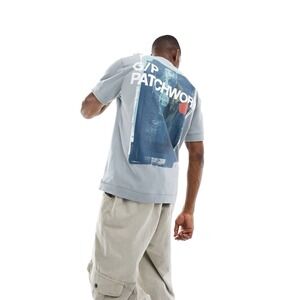 Bershka Patchwork Heavyweight Tshirt Light Blue Men's Size XL Casual Streetwear